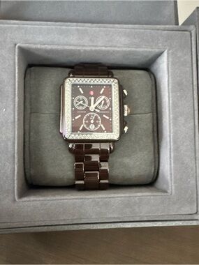 Michele Deco Diamond Brown Ceramic Diamond-Accent Square Chronograph Watch